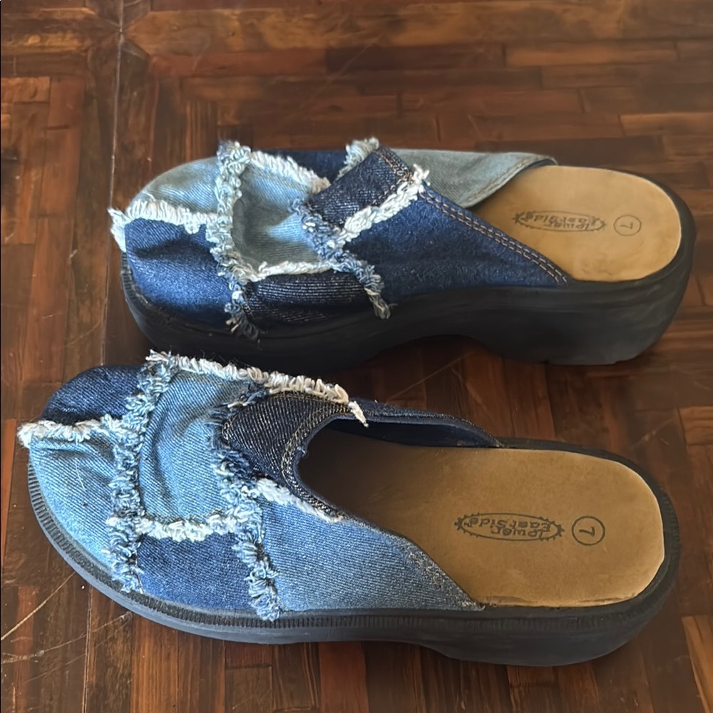 Lower East Side Blue Denim Mules with Frayed Edges